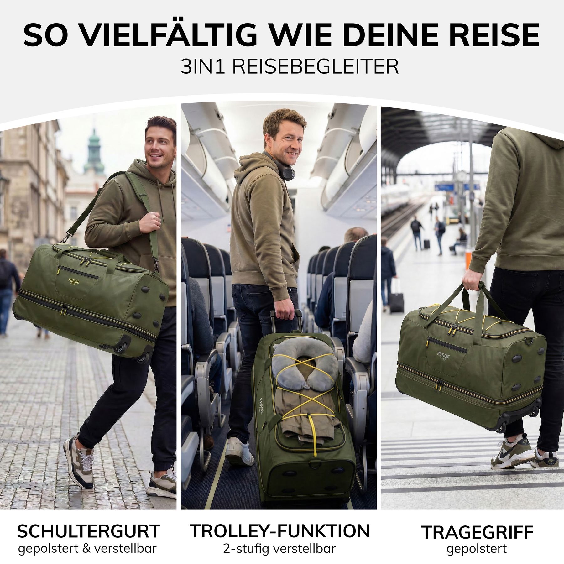 Erweiterbare Reisetasche Handgepäck mit Rollen PARIS grün-gelb
