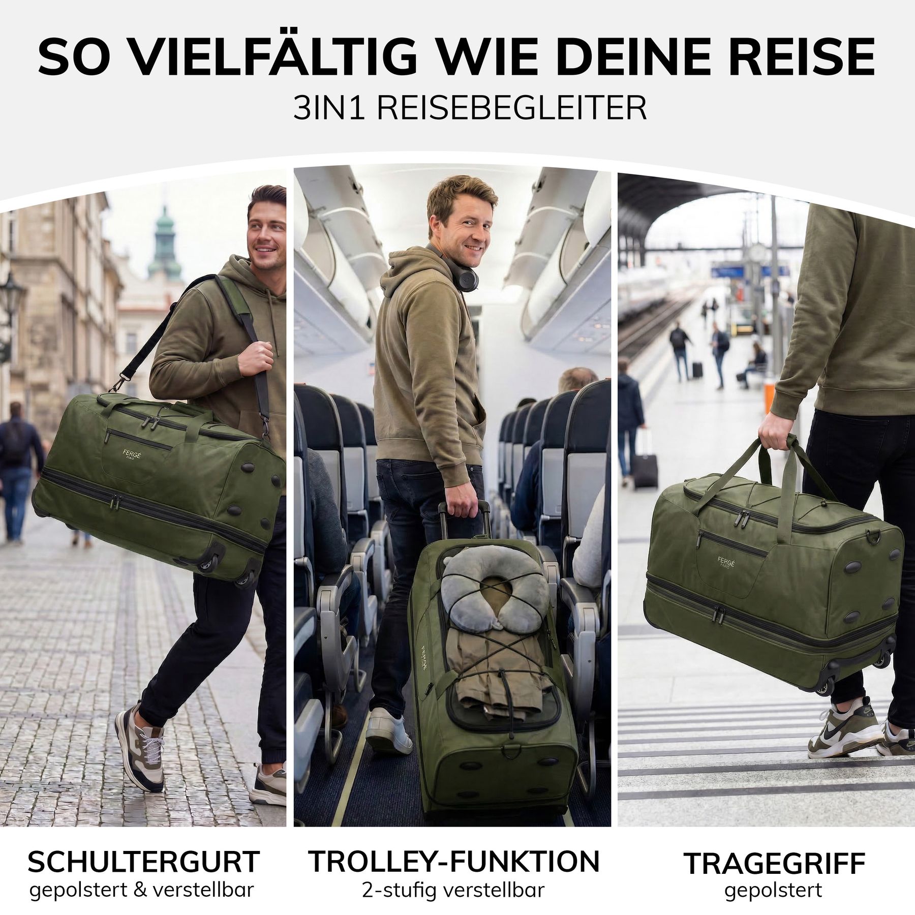 Erweiterbare Reisetasche Handgepäck mit Rollen PARIS grün-olive